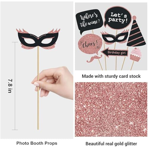 Party Birthday Photo Booth Props, 30Pcs Set of Happy Birthday Selfie Party Supplies with Real Glitter Cute Bday Designs fo...