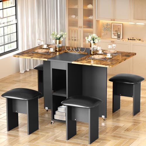AWQM Foldable Dining Table Set for 4,Folding Dining Table with 4 Leather Chairs & Storage,Drop Leaf Dinner Table with 6 Wh...