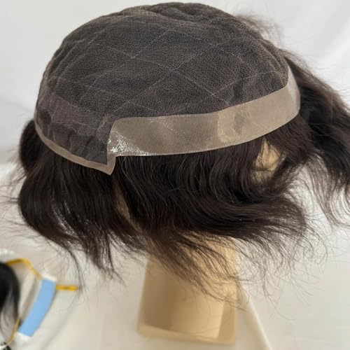 Men's Hairpiece European Human Hair Toupee 9x7inch Swiss Lace Skin PU Back Hair Replacement Wig #2 Dark Brown Color