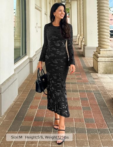 ZESICA Women's 2026 Bell Long Sleeve Floral Maxi Dress Spring Fashion Bodycon Mesh Wedding Guest Cocktail Party Dresses