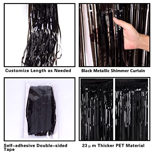 2 Pack 3.2ft x 8.2ft Black Tinsel Foil Fringe Curtains, Metallic Foil Tinsel Photo Booth Backdrop Streamer for New Years D...