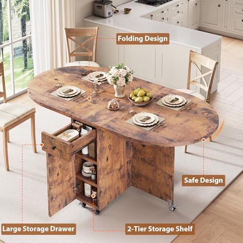 Jocoevol Folding Dining Table for 4 Kitchen Dining Room DinnerTable with Storage Drawer Space Saving Oval Foldable Drop Le...