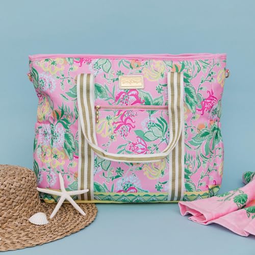 Lilly Pulitzer Pink Picnic Beach Cooler, Insulated Soft Cooler Bag with Adjustable Shoulder Strap and Zippered Top, Large for Groceries or Travel, Via Amore Spritzer