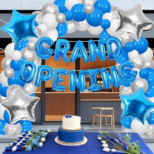 JOYMEMO Grand Opening Decorations Blue - Balloon Arch Garland Kit with Grand Opening Banner, Star Balloons for New Busines...