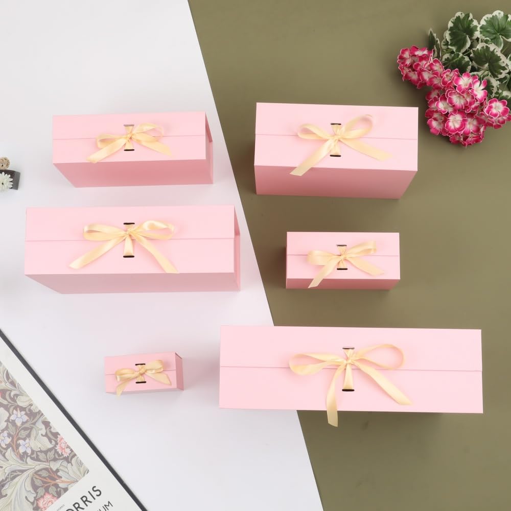Skivra Large Pink Gift Box with Ribbon - 16.5x13x5.3 Inch Extra Large Collapsible Luxury Gift Box for Mother's Day with Magnetic Closure & Shredded Paper Filler