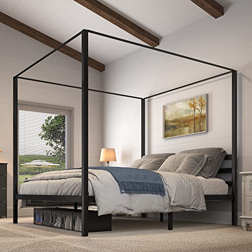 YITAHOME Metal Four Poster Canopy Bed Frame 14 Inch Platform with Built-in Headboard Strong Metal Slat Mattress Support, N...