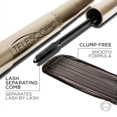 L’Oreal Paris Makeup Original Telescopic Mascara, Separating Mascara Volume and Length Formula, Washable, Blackest Black, ...