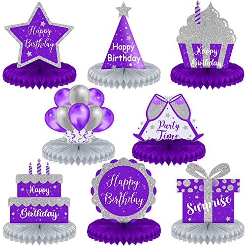Yexiya 8 Pcs Purple and Silver Birthday Centerpiece Table Decoration, Happy Birthday Honeycomb Centerpieces Honeycomb Tabl...