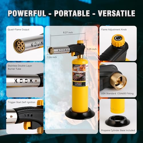 KOOKCOOK Propane Torch Head,Powerful 4-Flame Blow Torch Head Trigger Start Propane Torch with Igniter MAPP Gas Torch Kit G...