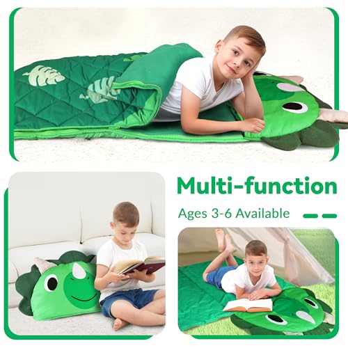 iPlay, iLearn Kid Sleeping Bag, Dinosaur Slumber Sack, Toddler Boy Nap Mat, 2 in 1 Green Dinos Cushion Blanket, Happy Trav...