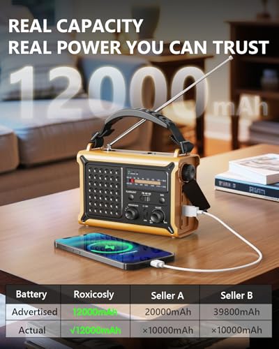 Emergency Weather Radio with Large Solar Panel, Efficient Hand Crank & Real 12000mAh Battery | AM/FM/NOAA Bands, LED Flash...