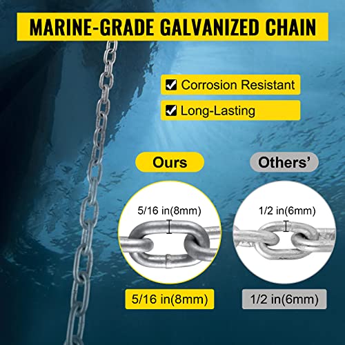 VEVOR Anchor Rode and Chain, 15' x 5/16" Boat Anchor Chain, 1/2" x 200' Nylon Rope, 2.2T Chain Tension Galvanized Steel Chain, Windlass-Grade Three Strand Twist Nylon, Anchor Chain for Boats, Ships