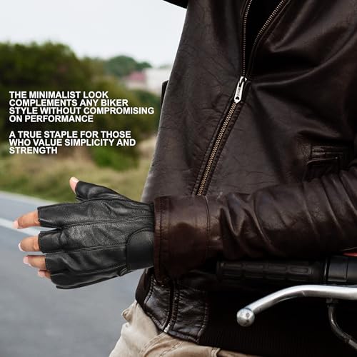 MC Gear Premium Leather Motorcycle Gloves for Men Fingerless Biker Gloves with Gel Palm and Wrist Strap