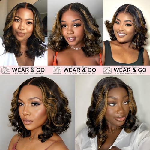 Tinashe Highlight Bob Wig Human Hair Wear and Go Glueless Wigs Human Hair Pre Plucked Pre Cut 180% Body Wave 5x6 Lace Front Short Bob Wigs Human Hair for Black Women-Highlight 1B/2/30,12inch