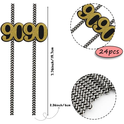 NIEITRK 24PCS Black Gold 90st Birthday Card Straws, Biodegradable Paper Straws with Number 90 for Bar Drinks, Milestone Ce...