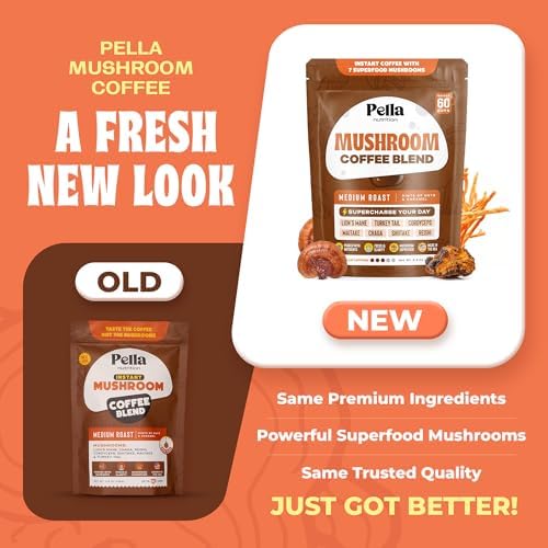 Pella Nutrition Organic Mushroom Instant Coffee (60 Servings) with 7 Superfood Mushrooms, Great Tasting, Includes Lion's Mane, Reishi, Chaga, Cordyceps, Shiitake, Maitake, and Turkey Tail