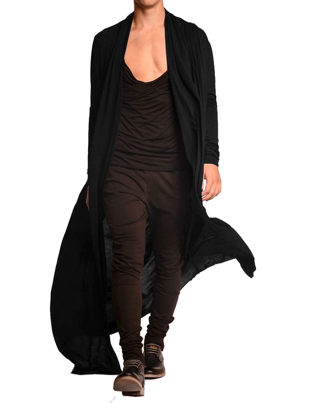 COOFANDY Men's Lightweight Ruffle Shawl Collar Cardigan Open Front Long Length Drape Cape Overcoat Black