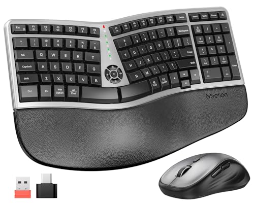 MEETION Ergonomic Wireless Keyboard and Mouse Combo, 2.4G Curved Compact Keyboard with Cushioned Palm Rest, 4 Level DPI Ad...