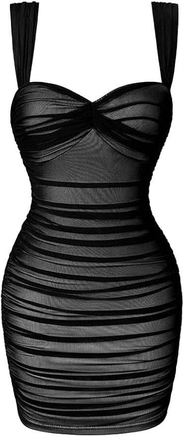 LAGSHIAN Women's Summer Sexy Bodycon Sleeveless Tank Straps Mesh Ruched Mini Party Dress