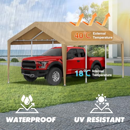10x20FT Carport Canopy Replacement Cover Heavy Duty Waterproof & UV Protected, All Weather Car Shade Canopy with Ball Bung...