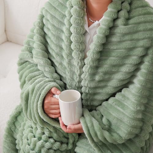 Linecooo Sage Green Fleece Throw Blanket 50”×60” for Couch Sofa Bed,Super Soft Cozy Plush Microfiber Flannel Blanket with ...