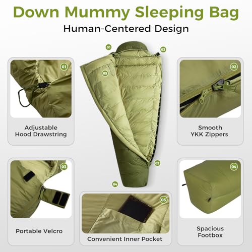 스폰서 광고 - ATEPA Down Sleeping Bag for Adults, 700FP Recycled 15D Nylon Shell 35°F 45°F Mummy Cold Weather Ultralight 3 Seas...