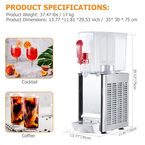 Commercial 10L (2.64 Gal) Stainless Steel Beverage Dispenser, 180W Iced Tea/Juice/Drink Machine With Food Grade Materials ...