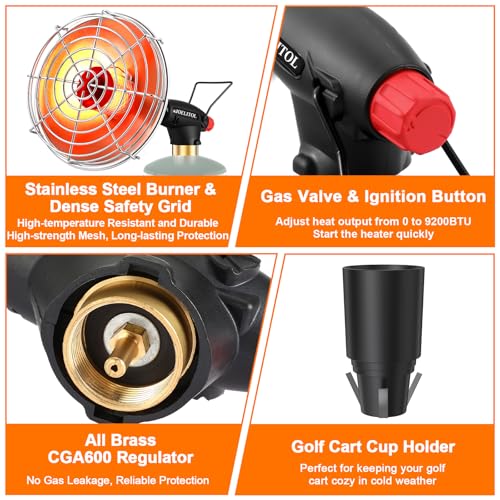 Golf Cart Heater, 2000℉ Portable Propane Heater with Golf Cart Cup Holder & Adjustable Flame, for EZGO, Yamaha, Club Car, ...