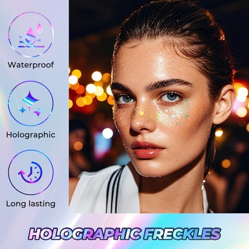 YGQQOY Holographic Glitter Freckles, Glitter Freckles Face Tattoo,Sparkle Makeup Patches,Face Glitter for Hallowmas Christ...