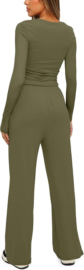 Darong Women's 2 Piece Outfits Lounge Sets 2026 Long Sleeve Tops Wide Leg Pants Casual Matching Set