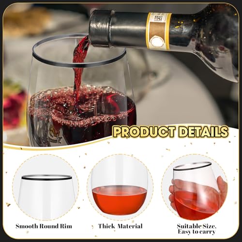 Baderke 24 Pack 12 oz Black Gold Rimmed Wine Glasses Stemless Hard Plastic Clear Disposable Wine Cups Drinking Cups Champa...