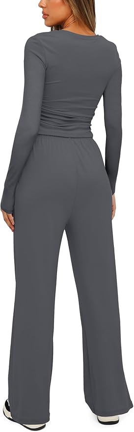Darong Women's 2 Piece Outfits Lounge Sets 2026 Long Sleeve Tops Wide Leg Pants Casual Matching Set