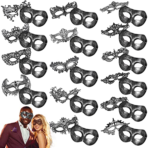 Liliful 30 Pcs Couple Masquerade Mask for Women Men Black Lace Antique Venetian Mask for Carnival Cosplay Christmas Party ...