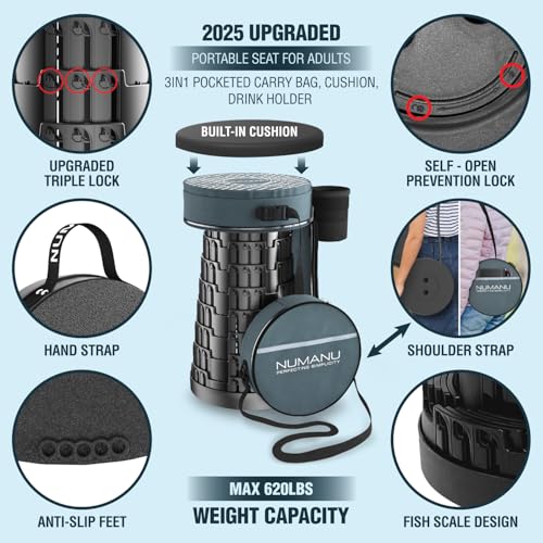 NUMANU 2025 Upgraded Collapsible Stool & 3IN1 Cushioned Carry Bag, 2.5"-18" Height Adjustable Max 620lbs, Portable Retract...
