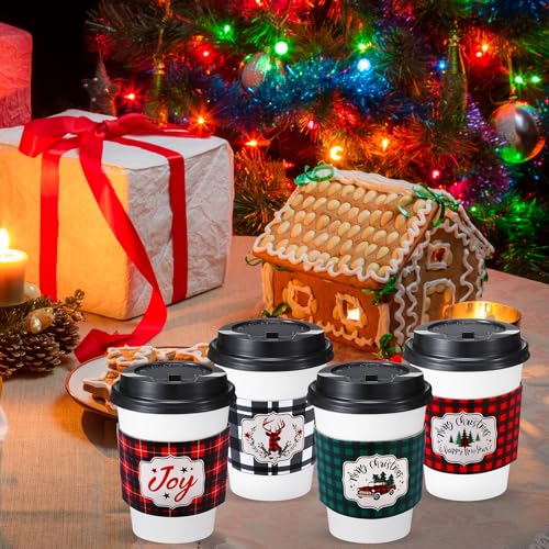 Yungyan 50 Pack 12 oz Christmas Disposable Coffee Cups with Lids and Sleeves Paper Hot Chocolate Cups Cocoa Bar Supplies f...