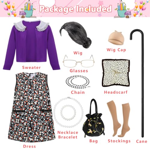 ZFQI Kids Old Lady Costume for Girls 100 Days of School Costume Grandma Costumes Dress Up for Halloween 3-10 Years