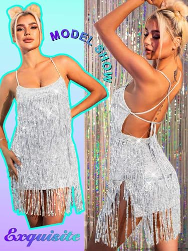 EARENT Sequin Silver Dress Sparkly Dance Tassel Rave Outfits Disco Fringe Dance New Year Eve Dresses for Women (US, Alpha,...