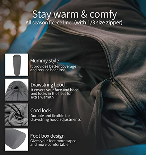 Litume All Season Fleece Sleeping Bag Liner Adds Up to 27°F/ 15°C, Lightweight Mummy Sleeping Sack for Cold Weather and Wi...