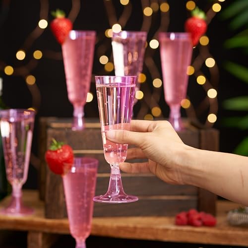 MATANA 24 Glitter Pink Champagne Flutes Plastic Champagne Glasses 5 oz, Reusable Pink Plastic Wine Glasses, Copas De Plast...