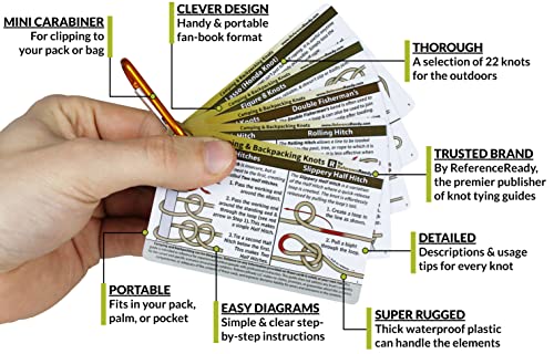 ReferenceReady Outdoor Knots - Waterproof Knot Tying Cards with Mini Carabiner - Includes 22 Rope Knots for Camping, Backp...