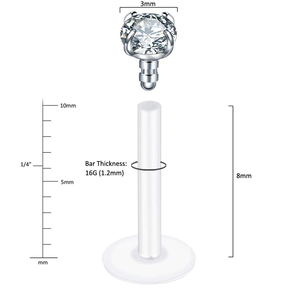 Xpircn Stainless Steel 16G Clear Bioflex 3mm CZ Labret Monroe Lip Ring Helix Stud Earrings
