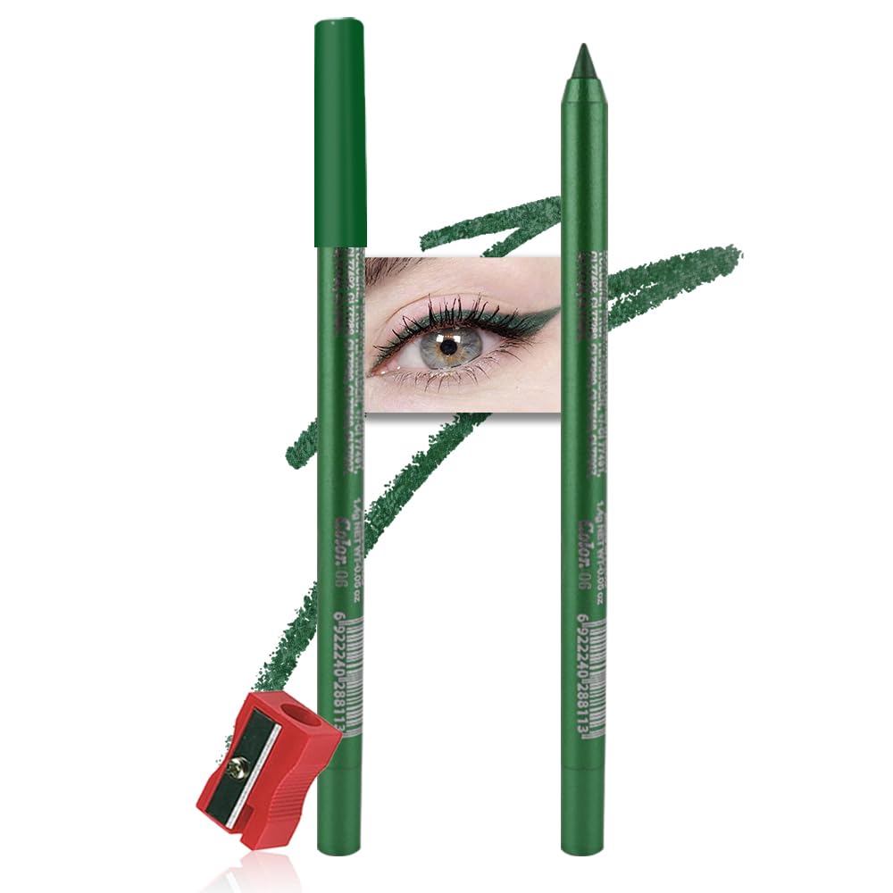 evpct Green Glitter Eyeliner Pencil for Eyes, Dark Emerald Green Metallic Shimmer Eye Liner Pencil Makeup Waterproof Smudge Proof, Colored Gel Waterline Eyeliner, Face Eye Paint Stick Halloween Makeup