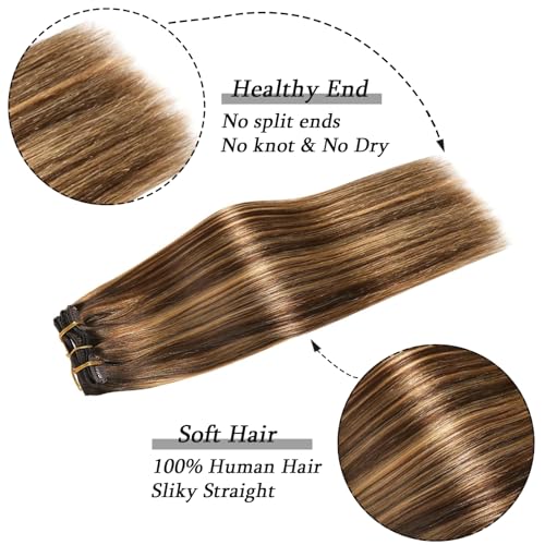 Savasana Clip in Hair Extensions Real Human Hair Straight 7 Pcs Balayage Clip in Hair Extensions Double Weft Thick Chocolate Brown to Caramel Blonde 18 Inch 120g