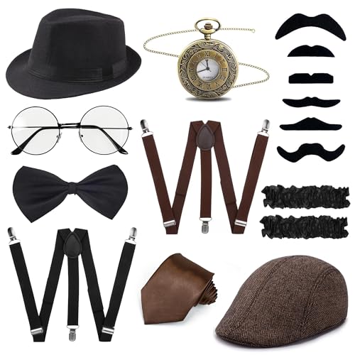 FEYIR 1920s Mens Costume Accessories Fedora Hat Pocket Watch Suspenders Bow Tie Gatsby Cosplay Roaring 20s Outfit for Men