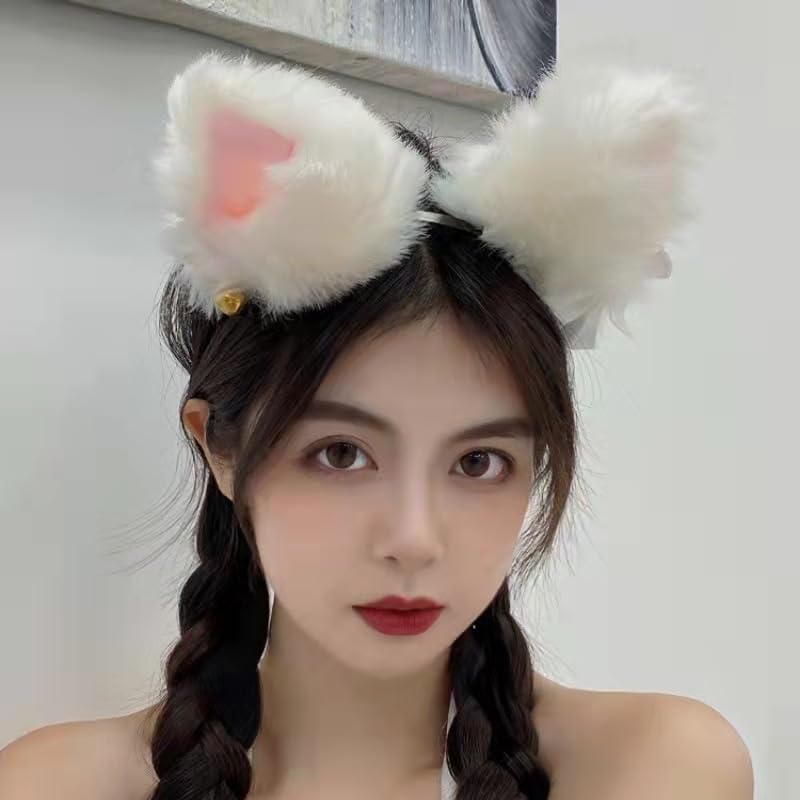YOVECATHOU Light Up Headband Cat Ears With Bell Furry Headband Rave Accessories For Women Girls Valentine's Day Party Costume