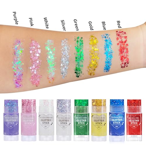 Paminify Rainbow White Hair Glitter Stick for Kids,Mardi Gras Outfit for Women,Mermaid Fairy Costume Body Face Glitter, Si...