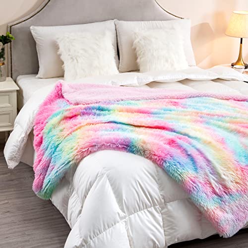 DANGTOP Fuzzy Faux Fur Throw Blanket, Tie Dye Fluffy Blanket, Super Soft Rainbow Blanket for Girls, Luxury Cozy Warm Plush...
