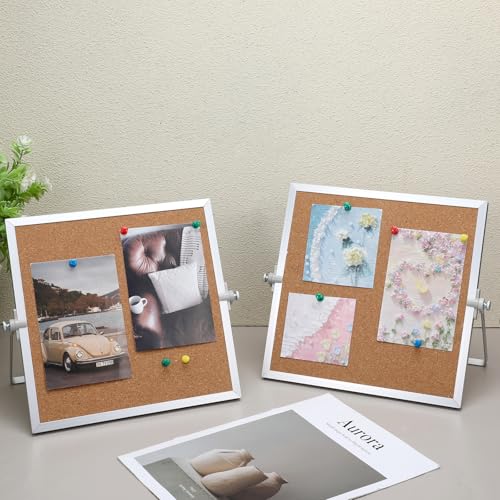 LIQWEI 2 Pack Small Bulletin Board for Desk, Double Cork Board Bulletin Boards with Silver Border, 9.8"×9.8" Double Sided ...