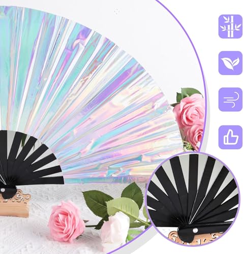 Folding Hand Fan, 13 Inch Glitter White Rave Decorative Hand Fans for Line Dancing Handheld Crafts for Festivals, Rainbow ...