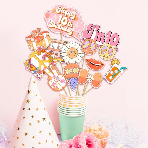 Boho Groovy 10th Birthday Photo Booth Props, 10th Birthday Decorations for Girl, Groovy Double Digits Birthday Party Decor...